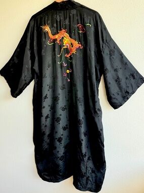 Vintage Black Satin Robe Embroidered Kimono Swim Cover Up Golden Bee Festival OS